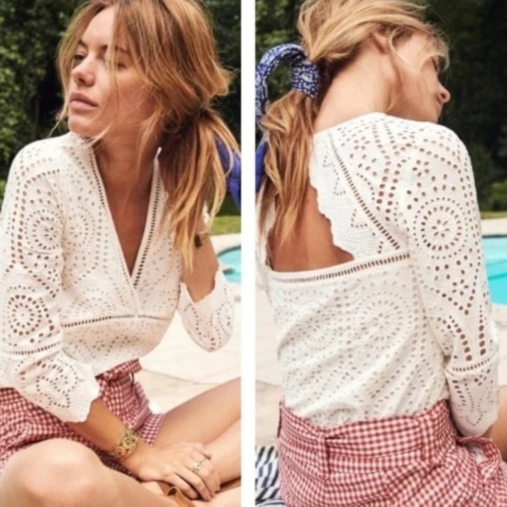 Sezane Andrea Eyelet Lace V-Neck Open Back Blouse Scalloped Embroidery Top | 36